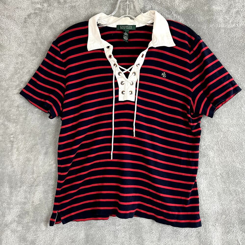 Ralph Lauren Polo Shirt Womens L Striped Lace Front Embroidered Logo Classic‎